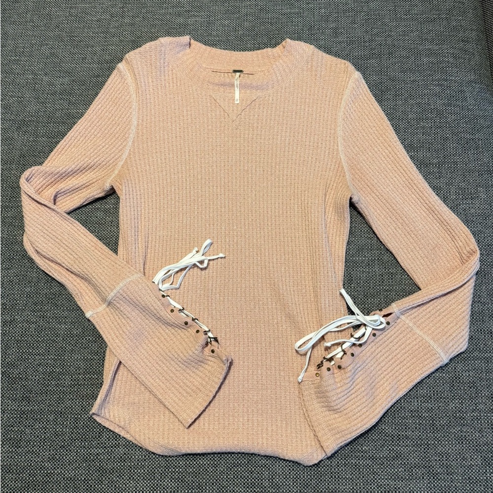 Free People Lace-Up Sleeve Waffle Knit Top - Dusty Pink